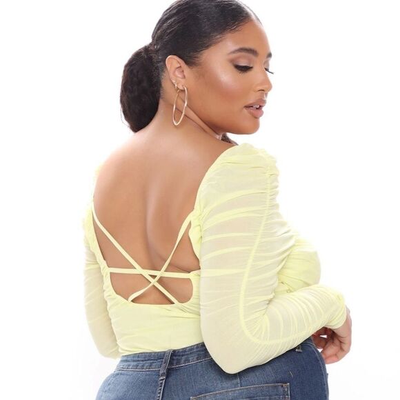 NWT Fashion Nova Can You Handle This Ruched yellow thong bodysuit suit size 1X - Picture 3 of 9